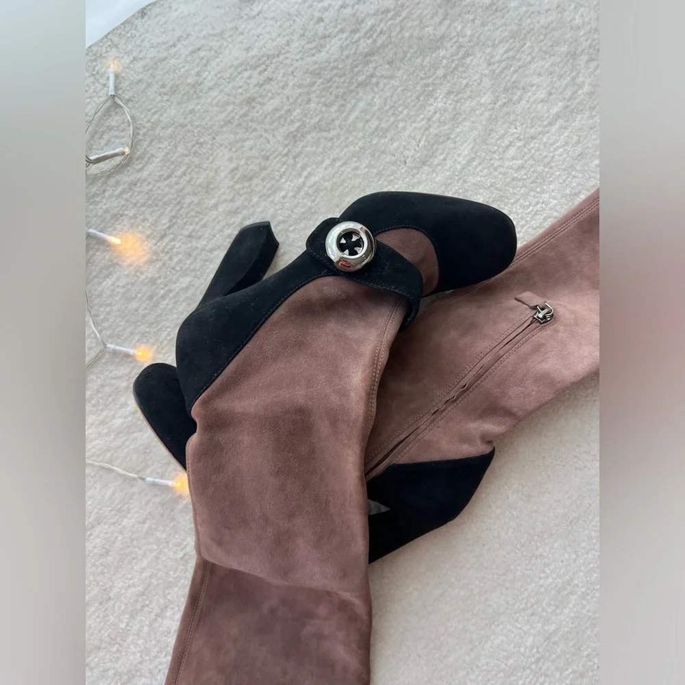 Prada Runway Knee High Suede Blush Pink Black High Heels Sock Boot Trompe L'oeil - Picture 12 of 14